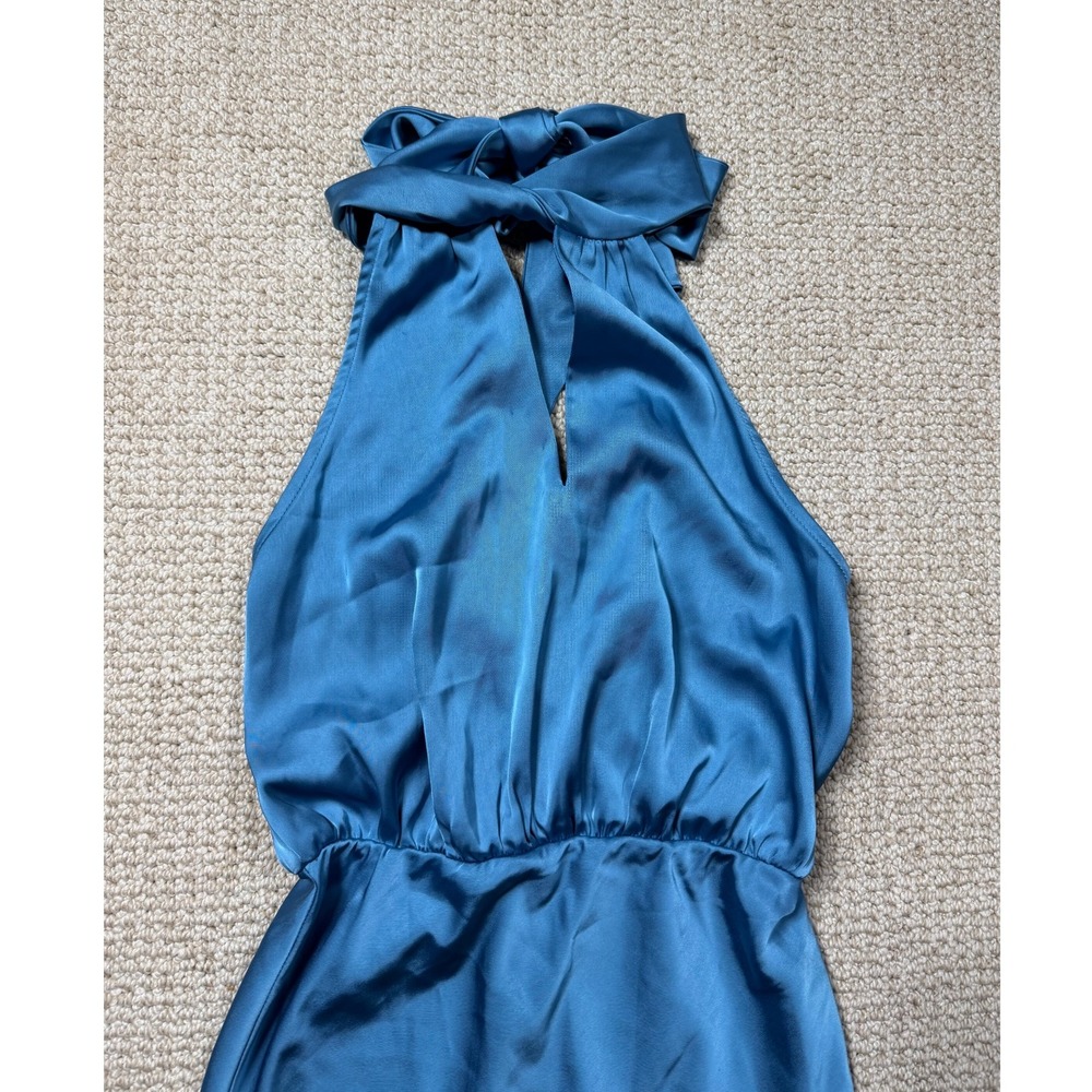 Showpo Kiarra Norman Halter Dress Satin Blue Size 2 Party Split Hem Cut V-Neck - Picture 2 of 9